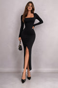 ELVA | Square Neck Long Sleeve Slit Bodycon Maxi Dress