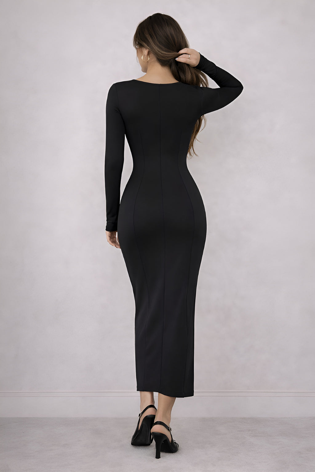 ELVA | Square Neck Long Sleeve Slit Bodycon Maxi Dress